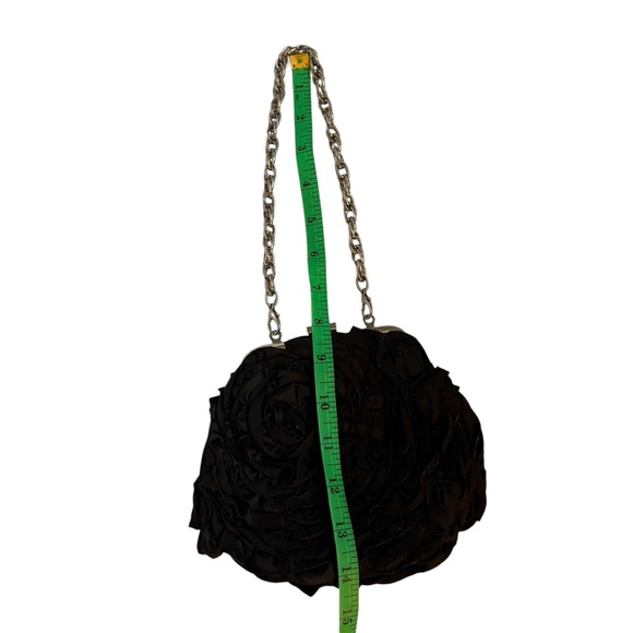 White House Black Market satin rosette clutch purse, black with silver hardware - Picture 5 of 9
